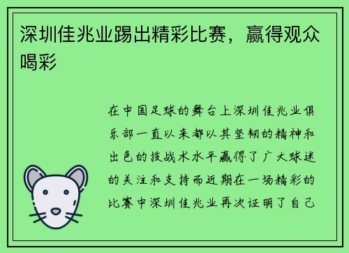 深圳佳兆业踢出精彩比赛，赢得观众喝彩