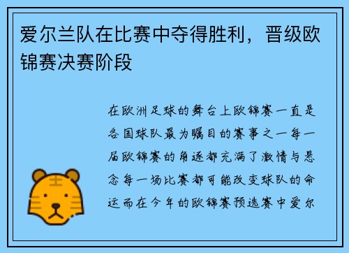 爱尔兰队在比赛中夺得胜利，晋级欧锦赛决赛阶段