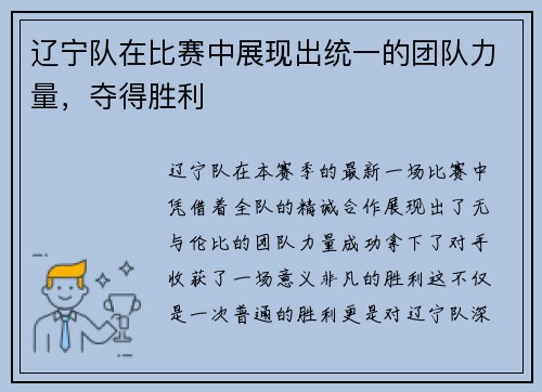 辽宁队在比赛中展现出统一的团队力量，夺得胜利