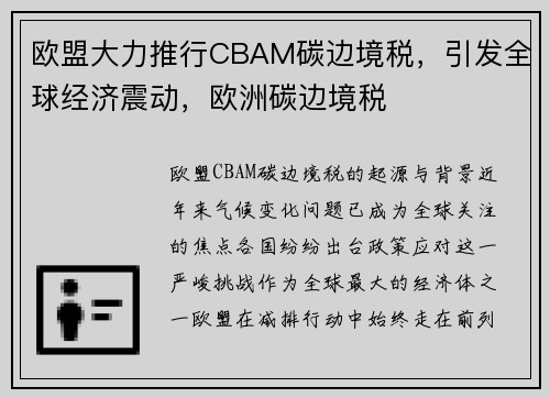 欧盟大力推行CBAM碳边境税，引发全球经济震动，欧洲碳边境税