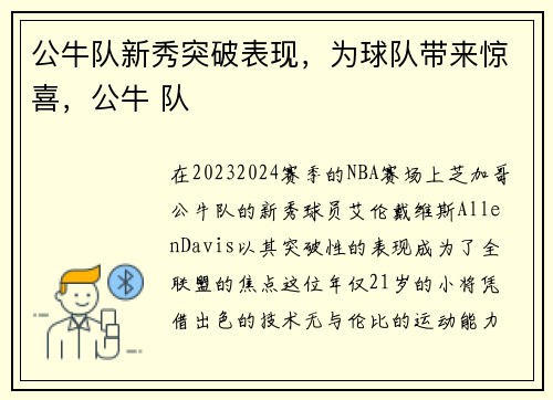 公牛队新秀突破表现，为球队带来惊喜，公牛 队