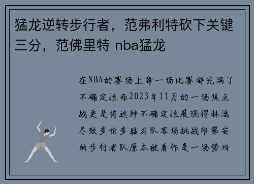 猛龙逆转步行者，范弗利特砍下关键三分，范佛里特 nba猛龙