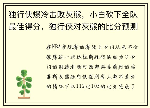独行侠爆冷击败灰熊，小白砍下全队最佳得分，独行侠对灰熊的比分预测