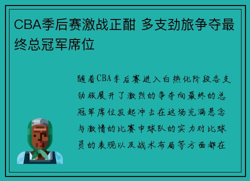 CBA季后赛激战正酣 多支劲旅争夺最终总冠军席位