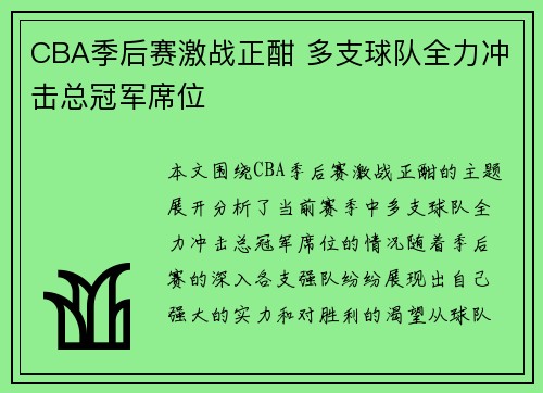 CBA季后赛激战正酣 多支球队全力冲击总冠军席位