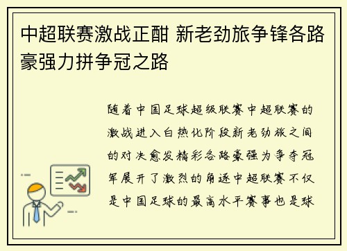 中超联赛激战正酣 新老劲旅争锋各路豪强力拼争冠之路