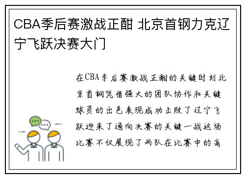 CBA季后赛激战正酣 北京首钢力克辽宁飞跃决赛大门